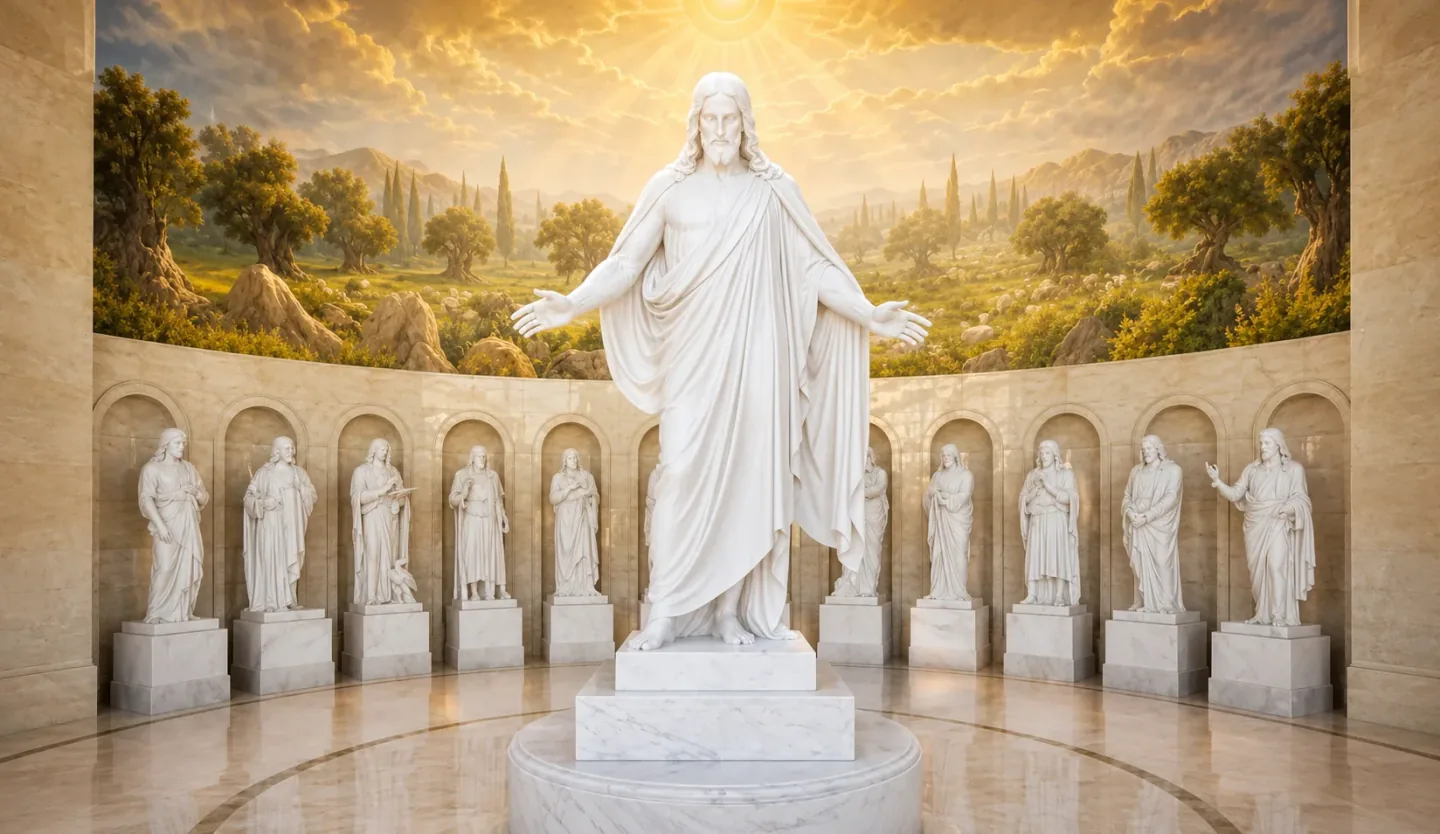 A white Christus statue standing in a domed rotunda lined with columns.