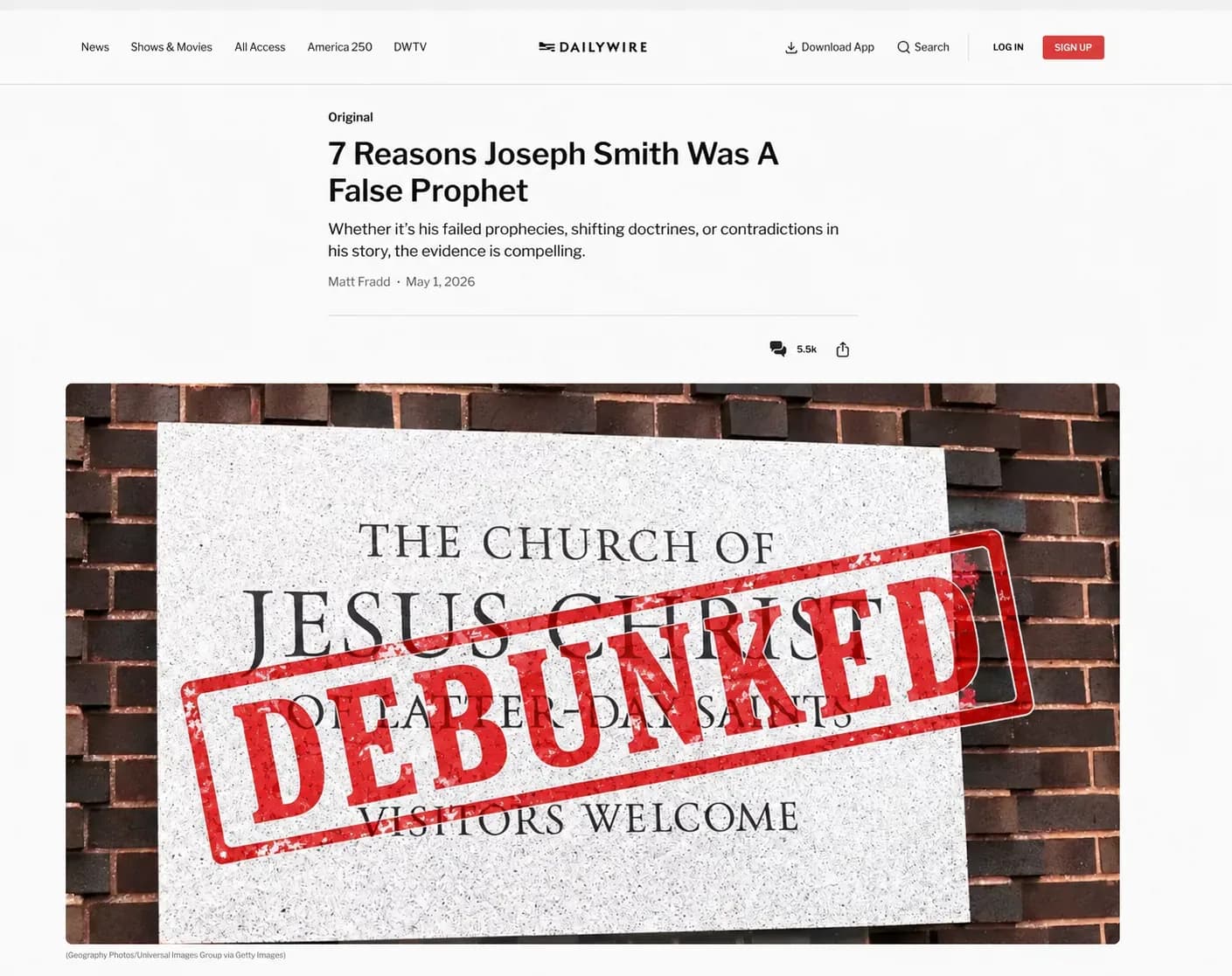 A tract titled The Church of Jesus Christ stamped DEBUNKED in red, against a brick wall.