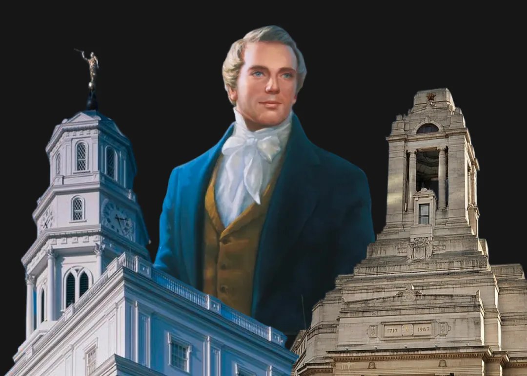 Joseph Smith in a teal coat, standing between two Latter-day Saint temples.
